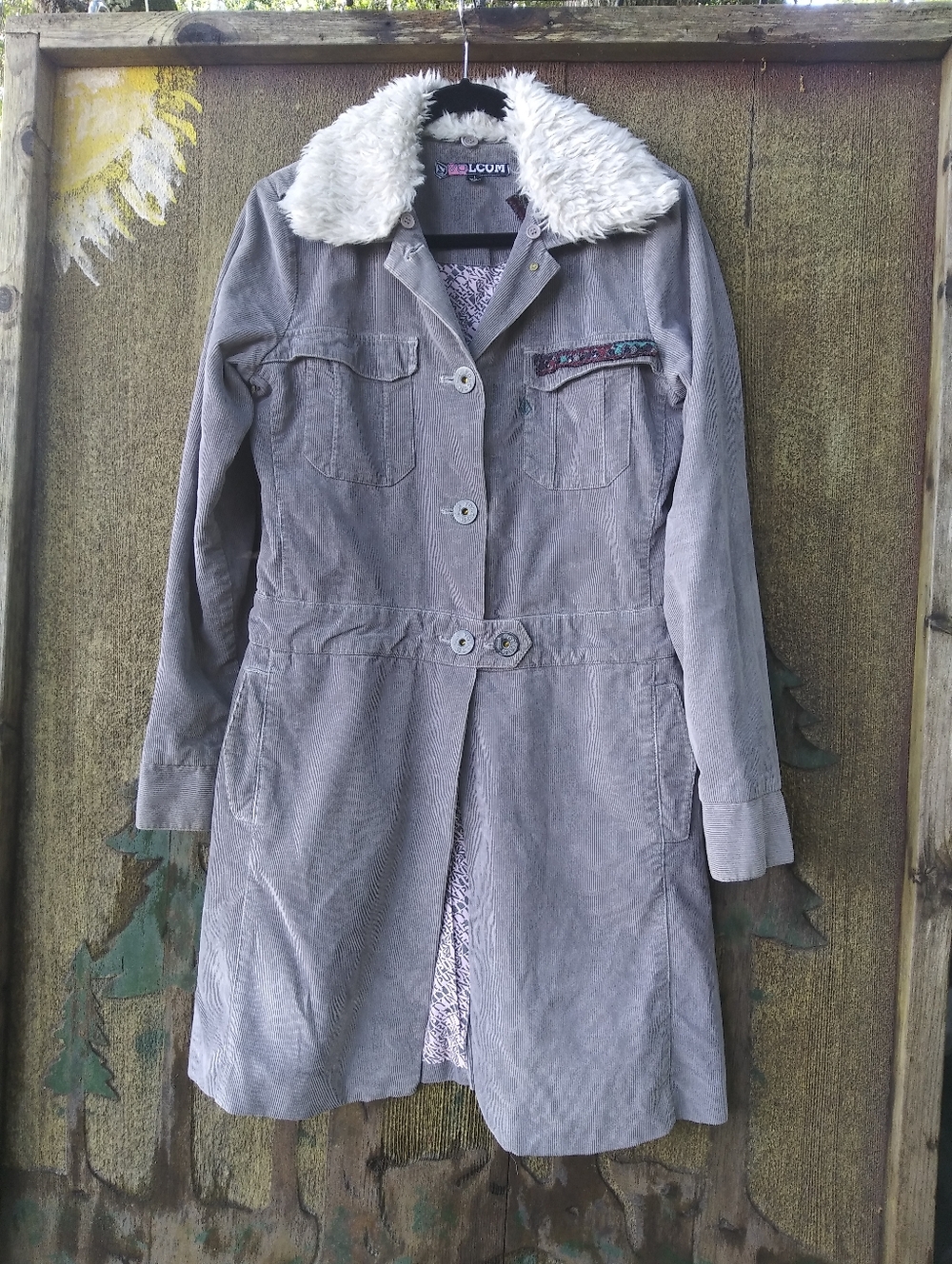 Upcycled Women's Gray Corduroy Volcom Trench Coat with Removable Faux Fur Collar